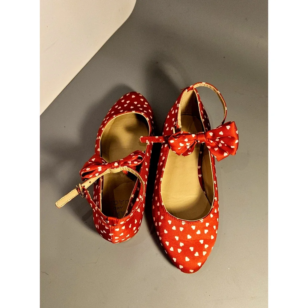 Janie And Jack, Girl Red Dress Shoes with Hearts and Bow, Sz 1 K Fairy Princess